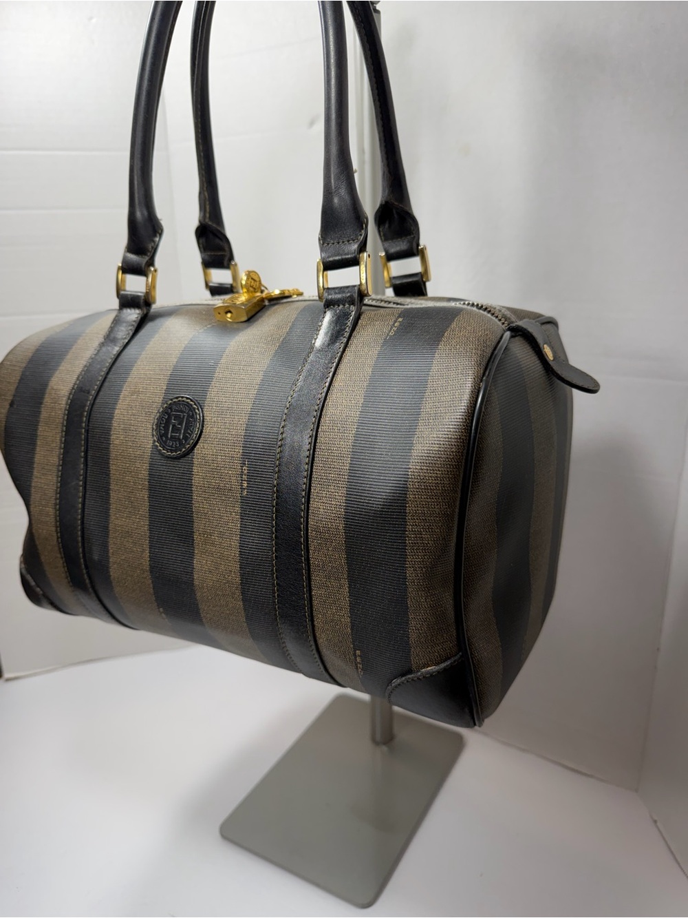 Vintage FENDI Black & Gray Pecan Stripe Speedy/Duffle Style Handbag,Classic 90s - Picture 2 of 13
